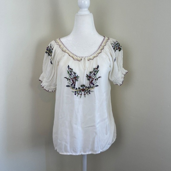 Heart Moon Star Tops - Heart Moon Star Embroidered Peasant Top Small White Boho Milkmaid Puff Slv Y2K